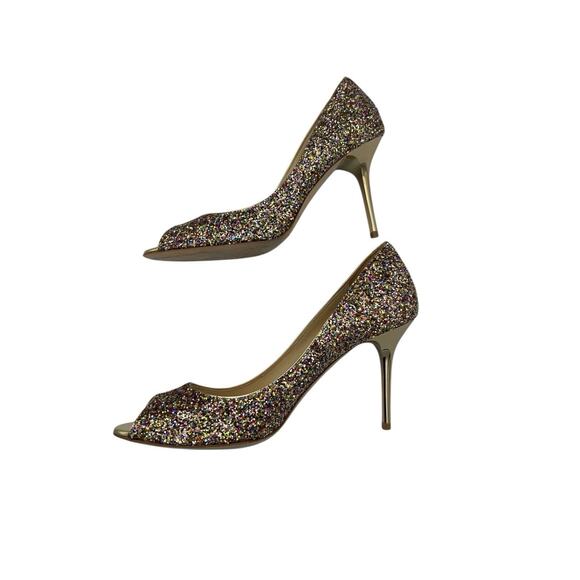 JIMMY CHOO Evelyn Multicolor Glitter Peep Toe Gold Heels Shoes Size 39 US 9 - Picture 7 of 10